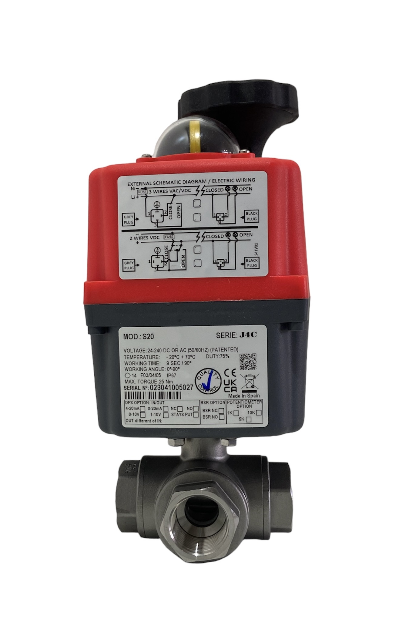 válvula de bola inoxidable de 3 vías roscada NPT con actuador eléctrico multivoltaje J+J 